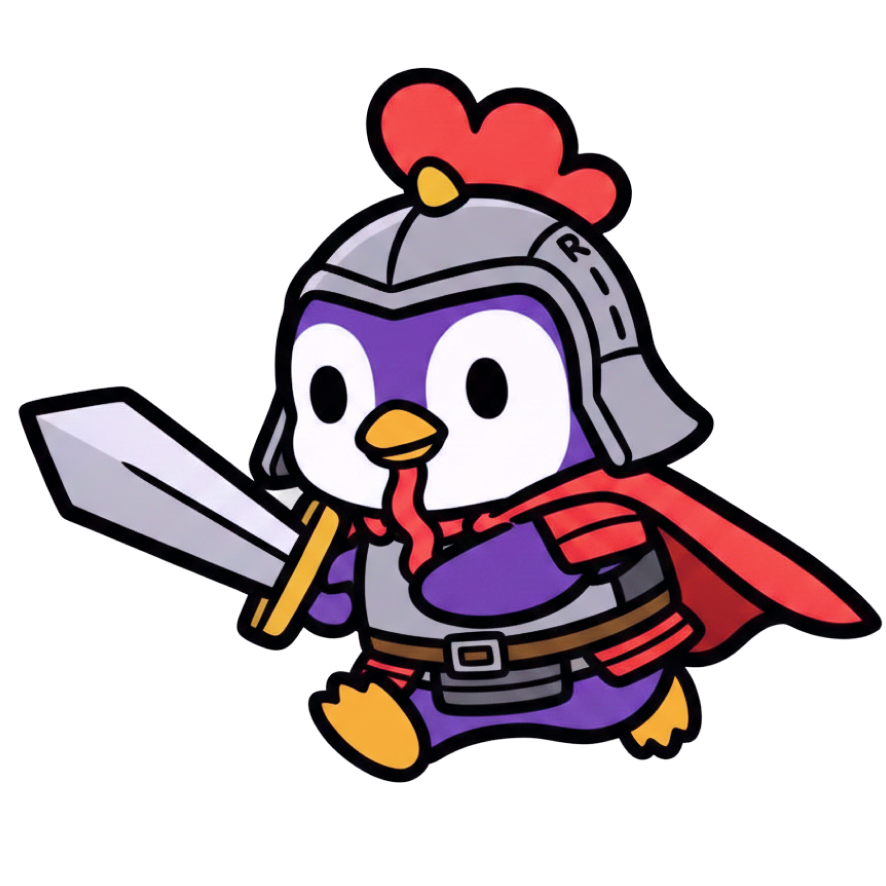 YUNIKU mascot: a knight penguin with a sword